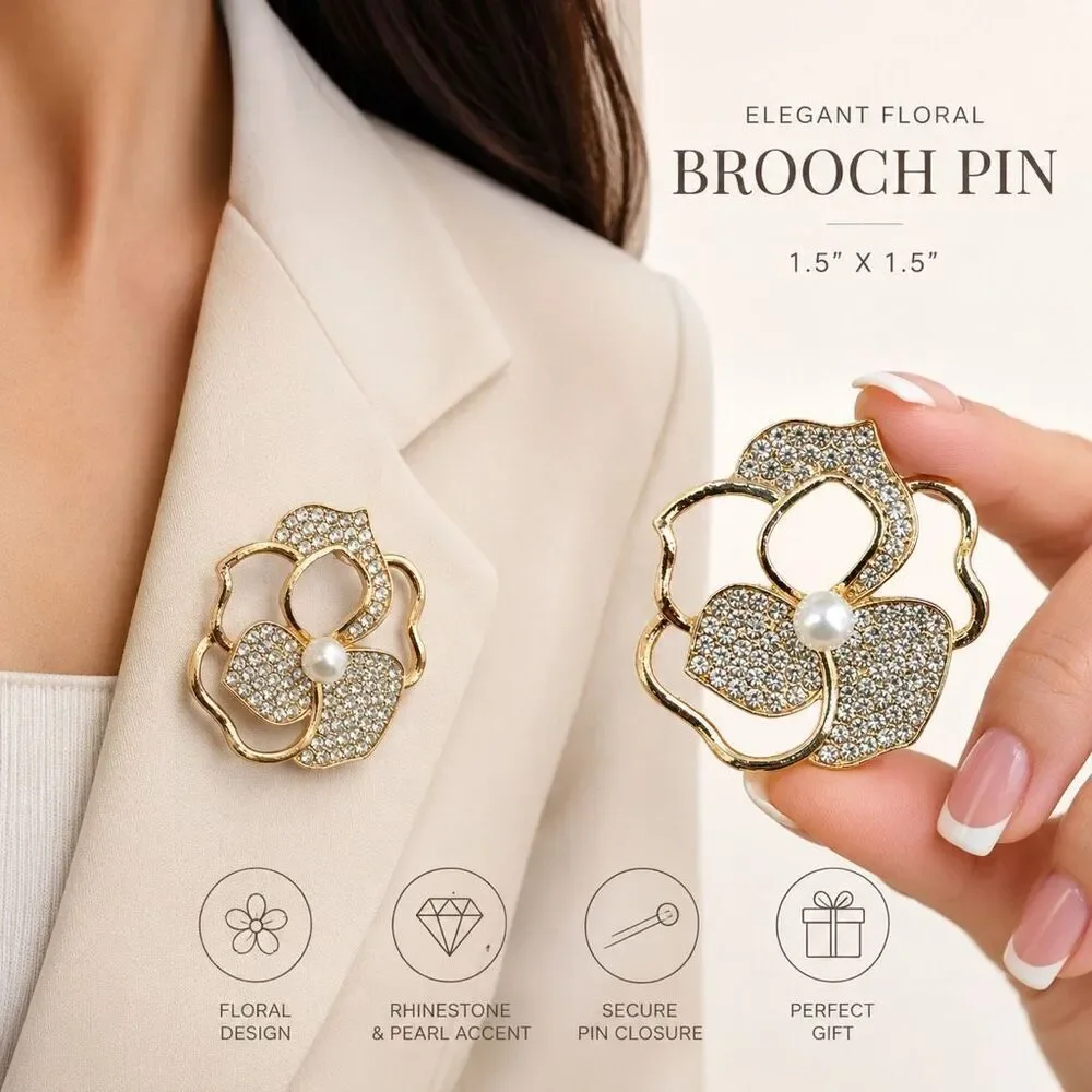Ellas Gold Tone Rhinestone Flower Brooch Pin Pearl Floral Statement Lapel Pin